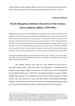 Slovak-Hungarian Relations in the Mirror of the German- Soviet Conflictive Alliance (1939-1941)