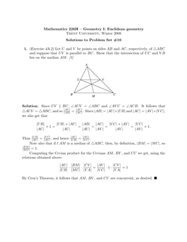 Geometry I: Euclidean Geometry Trent University, Winter 2008 Solutions to Problem Set #10