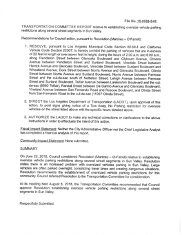 File No. 18-00Q8-S40 TRANSPORTATION COMMITTEE REPORT Relative to Establishing Oversize Vehicle Parking Restrictions Along Several Street Segments in Sun Valley