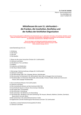 Mittelhessen Bis Zum 11. Jahrhundert – Die Franken, Die Iroschotten, Bonifatius Und Der Aufbau Der Kirchlichen Organisation