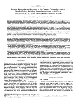 Feeding, Respiration and Excretion of the Copepod Calanus Hyperboreus from Baffin Bay, Including Waters Contaminated by Oil Seeps EDWARD S