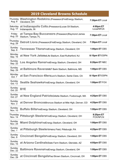 2019 Cleveland Browns Schedule Thursday (Preseason)Firstenergy Stadium, Washington Redskins 7:30Pm ET Local Aug