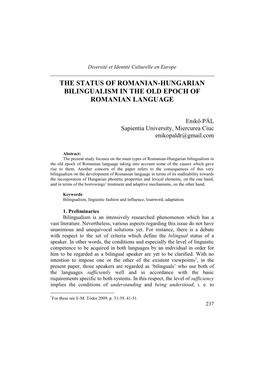 The Status of Romanian-Hungarian Bilingualism in the Old Epoch of Romanian Language