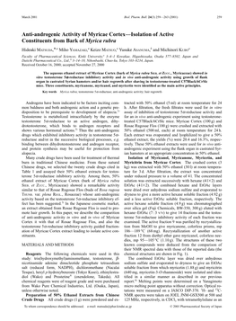 Anti-Androgenic Activity of Myricae Cortex—Isolation of Active Constituents from Bark of Myrica Rubra