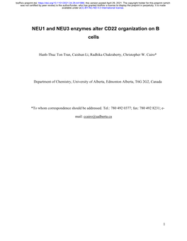 NEU1 and NEU3 Enzymes Alter CD22 Organization on B Cells