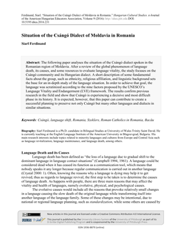 Situation of the Csángó Dialect of Moldavia in Romania.” Hungarian Cultural Studies