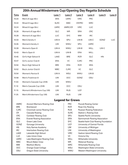 20Th-Annual Windermere Cup/Opening Day Regatta Schedule Time Event Lane 1 Lane 2 Lane 3 Lane 4 Lane 5 Lane 6 10:20 Men’S 8 (Age 40+) SRA LWRC VIRC PRC