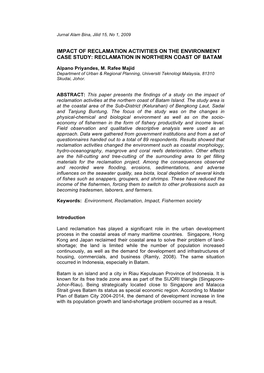 Impact of Reclamation Activities on the Environment Case Study: Reclamation in Northern Coast of Batam