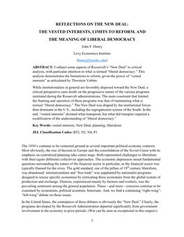 THE VESTED INTERESTS, LIMITS to REFORM, and the MEANING of LIBERAL DEMOCRACY John F