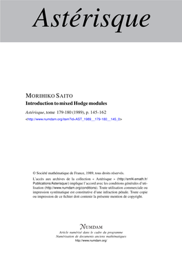 Introduction to Mixed Hodge Modules Astérisque, Tome 179-180 (1989), P