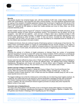 UGANDA HUMANITARIAN SITUATION REPORT 16 August – 31 August 2006 United Nations Office for the Coordination of Humanitarian Affairs