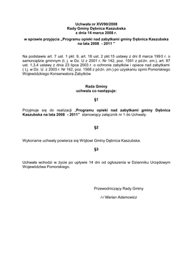 Uchwała Nr XVI/90/2008 Rady Gminy Dębnica Kaszubska Z Dnia 14 Marca 2008 R. W Sprawie Przyjęcia „Programu Opieki Nad Zabytk