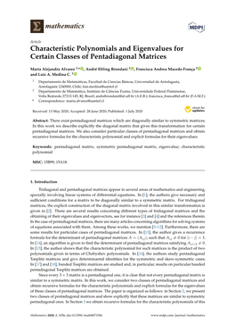 Characteristic Polynomials and Eigenvalues for Certain Classes of Pentadiagonal Matrices