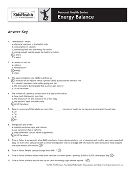 Answer Key: Energy Balance (Grades 9 To