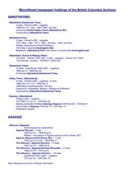 Microfilmed Newspaper Holdings of the British Columbia Archives