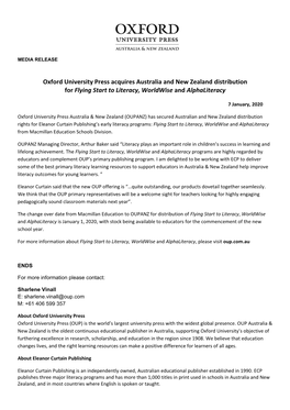 Oxford University Press Acquires Australia and New Zealand Distribution for Flying Start to Literacy, Worldwise and Alphaliteracy