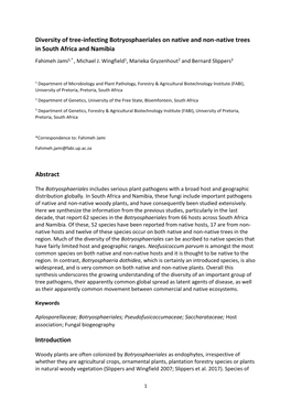 Diversity of Tree-Infecting Botryosphaeriales on Native and Non-Native Trees in South Africa and Namibia Fahimeh Jami1,* , Michael J