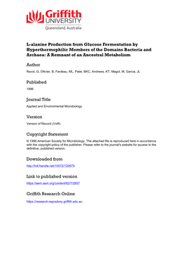 L-Alanine Production from Glucose Fermentation by Hyperthermophilic Members of the Domains Bacteria and Archaea: a Remnant of an Ancestral Metabolism