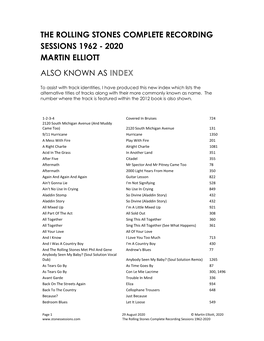 The Rolling Stones Complete Recording Sessions 1962 - 2020 Martin Elliott Also Known As Index