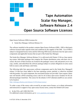 Tape Automation Scalar Key Manager, Software Release 2.4 Open Source Software Licenses