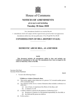 House of Commons NOTICES of AMENDMENTS Given up to and Including Tuesday 30 June 2020