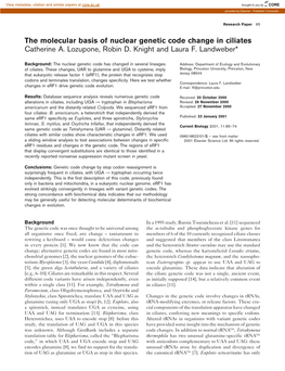 The Molecular Basis of Nuclear Genetic Code Change in Ciliates Catherine A. Lozupone, Robin D. Knight and Laura F. Landweber*