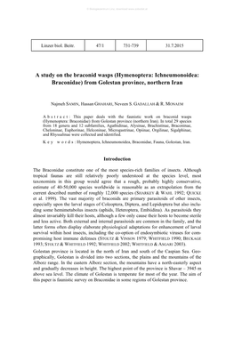 A Study on the Braconid Wasps (Hymenoptera: Ichneumonoidea: Braconidae) from Golestan Province, Northern Iran