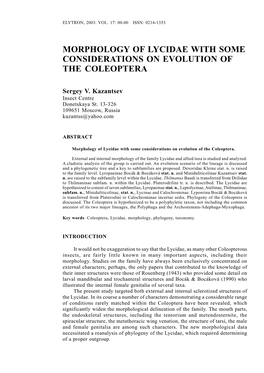 Morphology of Lycidae with Some Considerations on Evolution of the Coleoptera