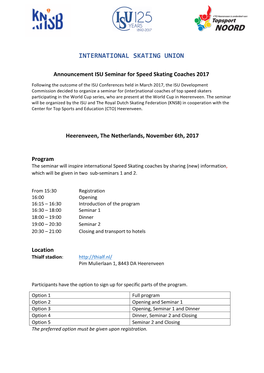 Announcement ISU Seminar for Speed Skating Coaches 2017