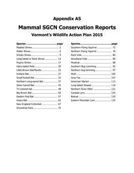 Mammal SGCN Conservation Reports Vermont’S Wildlife Action Plan 2015