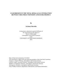 CLOUDBURSTS in the NEPAL HIMALAYAS: INTERACTION BETWEEN the INDIAN MONSOON and EXTRATROPICS by Archana Shrestha