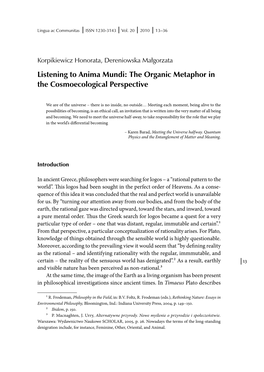 Listening to Anima Mundi: the Organic Metaphor in the Cosmoecological Perspective