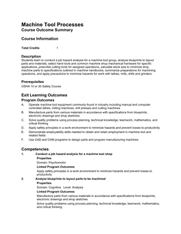 Machine Tool Processes Course Outcome Summary