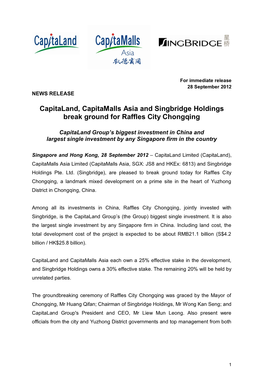 Capitaland, Capitamalls Asia and Singbridge Holdings Break Ground for Raffles City Chongqing
