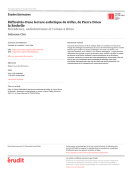 Difficultés D'une Lecture Esthétique De Gilles, De Pierre Drieu La Rochelle