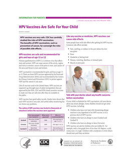 INFORMATION for PARENTS | DISEASES and the VACCINES THAT PREVENT THEM | HPV Vaccines Are Safe for Your Child