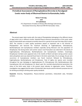 1 Periodical Assessment of Phytoplankton Diversity in Navalgund Lentic Water Body of Dharwad District in Karnataka, India Abstra
