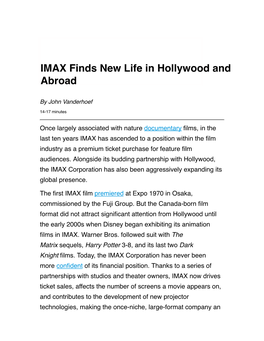 IMAX Finds New Life in Hollywood and Abroad