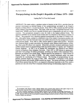 Parapsychology in the People's Republic of China: 1979 - 1989 \