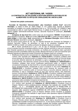 Act Adițional Nr. 14/2020 La Contractul De Delegare a Gestiunii Serviciilor Publice De Alimentare Cu Apă Şi De Canalizare Nr