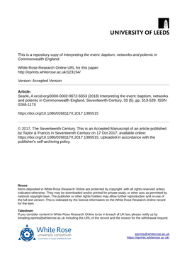 Interpreting the Event: Baptism, Networks and Polemic in Commonwealth England