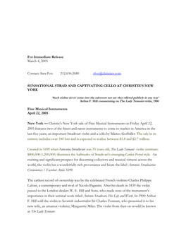 For Immediate Release March 4, 2005 Contact: Sara Fox 212.636.2680