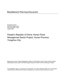 Hunan Flood Management Sector Project, Hunan Province, Yongzhou City