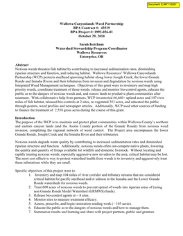 Wallowa Canyonlands Weed Partnership BPA Contract #: 43519 BPA Project #: 1992-026-01 October 29, 2010