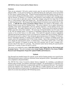 2007-08 New Jersey Coyote/Fox Hunter Survey Was Mailed to 500 Holders of the Special Eastern Coyote and Fox Hunting Permit