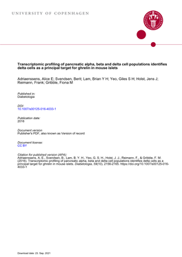 Transcriptomic Profiling of Pancreatic Alpha, Beta and Delta Cell Populations Identifies Delta Cells As a Principal Target for Ghrelin in Mouse Islets