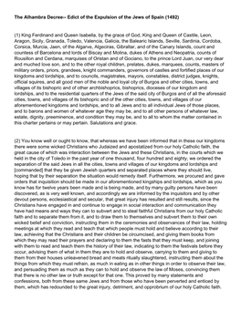 The Alhambra Decree-- Edict of the Expulsion of the Jews of Spain (1492) (1) King Ferdinand and Queen Isabella, by the Grace Of