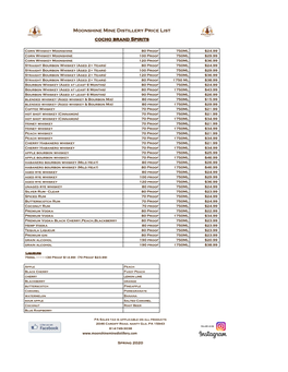 Moonshine Mine Distillery Price List Cocho Brand Spirits