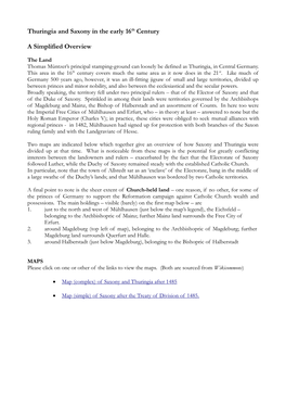 Thuringia and Saxony in the Early 16Th Century a Simplified Overview