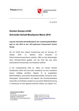 Gordon Kampe Erhält Schneider-Schott-Musikpreis Mainz 2016